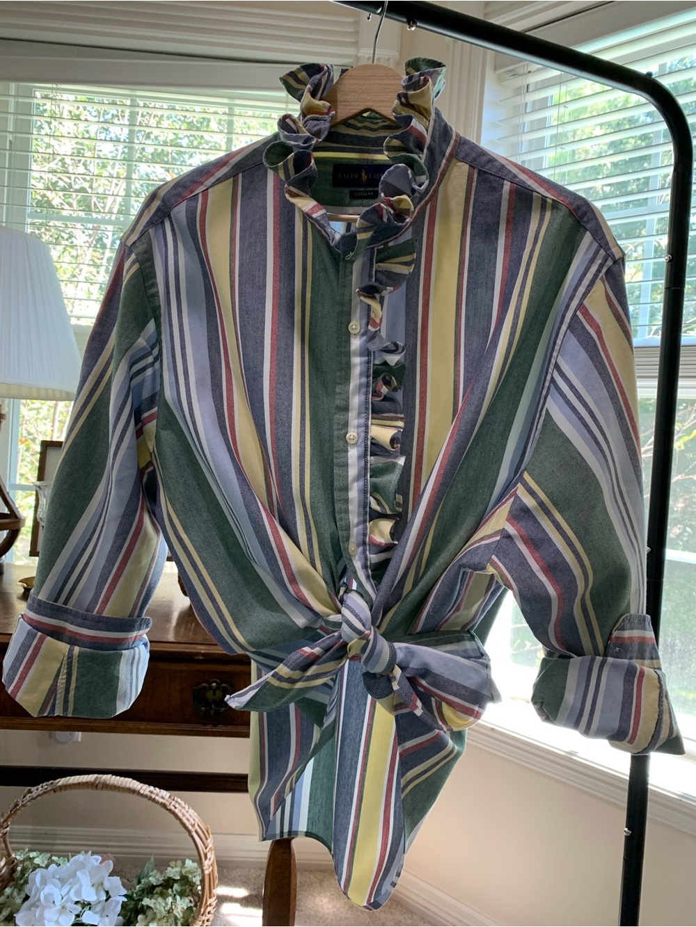 Ralph Lauren Green Multi-Striped Ruffle Collar Button-Down Shirt
